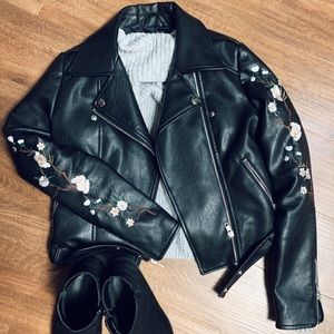 Black faux leather embroidered jacket